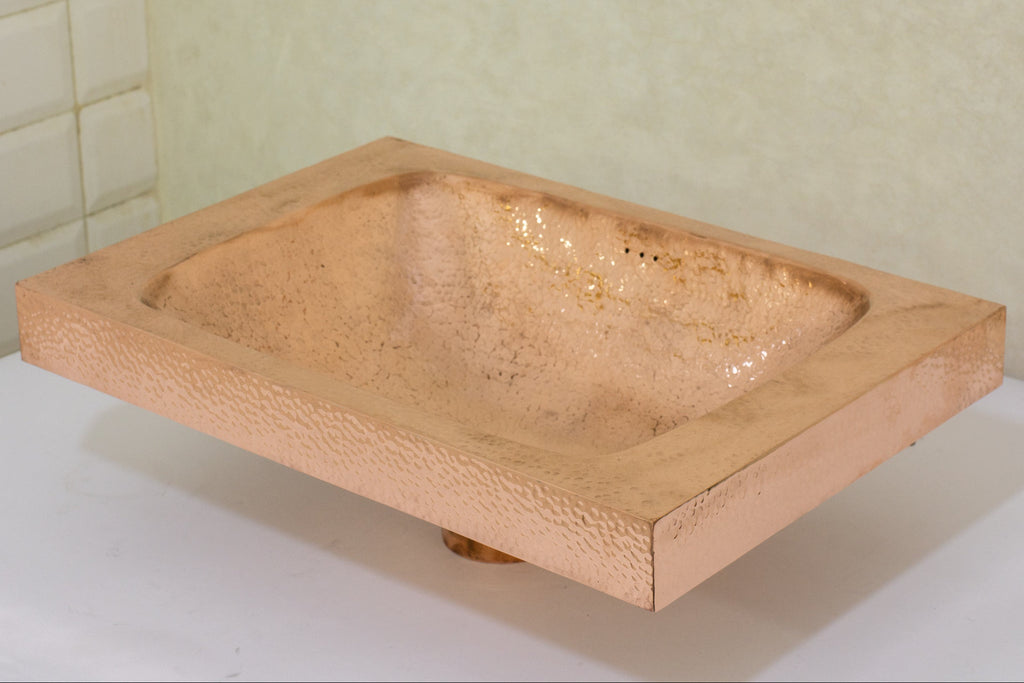 Customizable Raised Profile Bathroom Copper Sink, Hammered Copper Rectangular Sink, Vanity Sink Copper