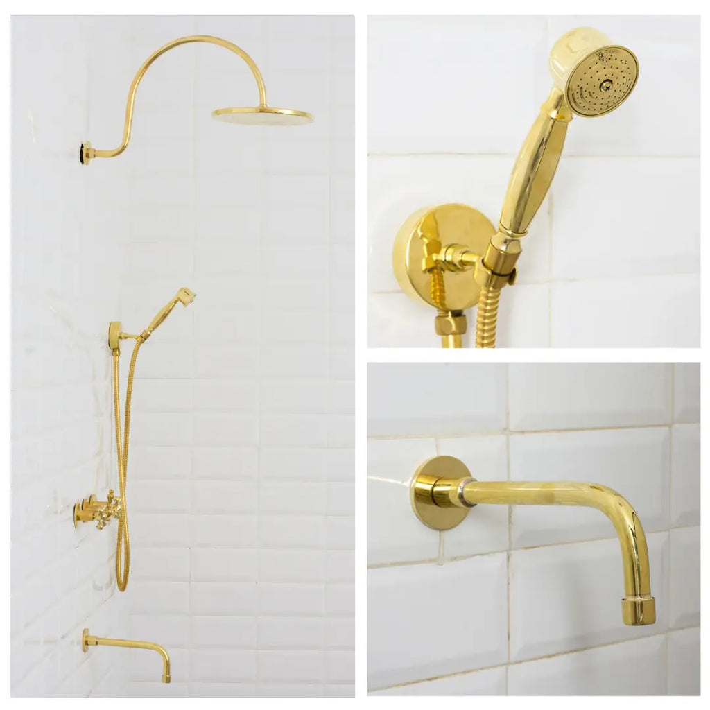 Unlacquered Brass Built-in Shower Gooseneck Arm, 3-Outlet Concealed Hand Shower And Tub Faucet, Rainfall Shower System