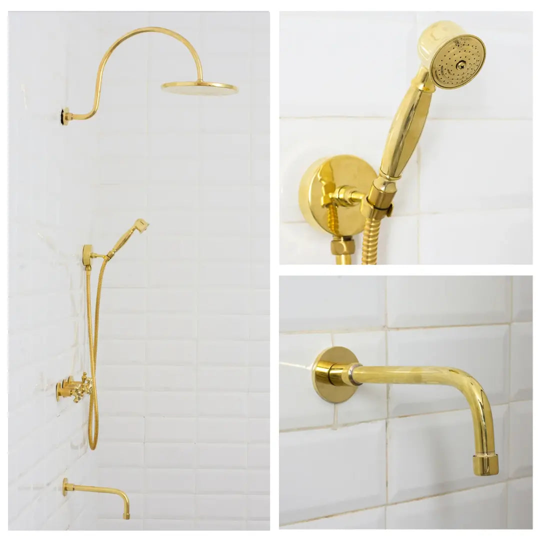 Unlacquered Brass Built-in Shower Gooseneck Arm, 3-Outlet Concealed Hand Shower And Tub Faucet, Rainfall Shower System