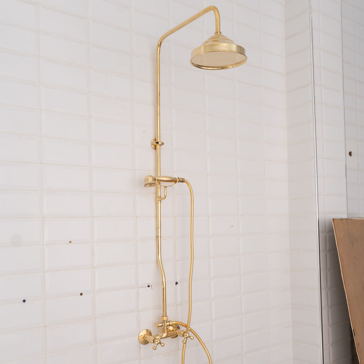 Solid Brass Exposed Shower System With Rainfall Head, Sliding Hand Shower and Cross Handles