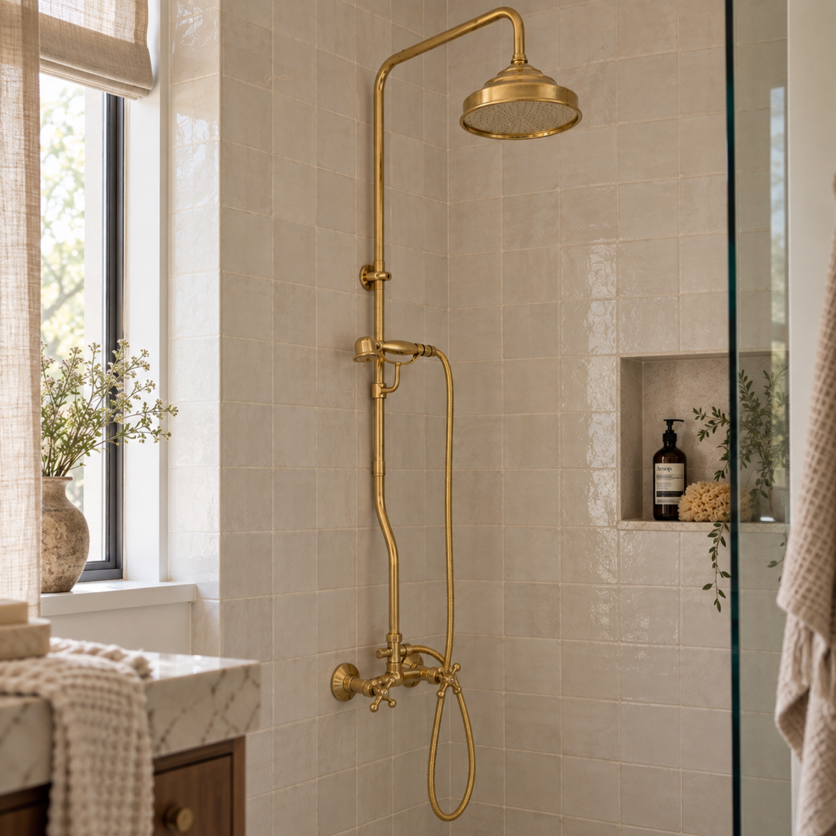 Solid Brass Exposed Shower System With Rainfall Head, Sliding Hand Shower and Cross Handles