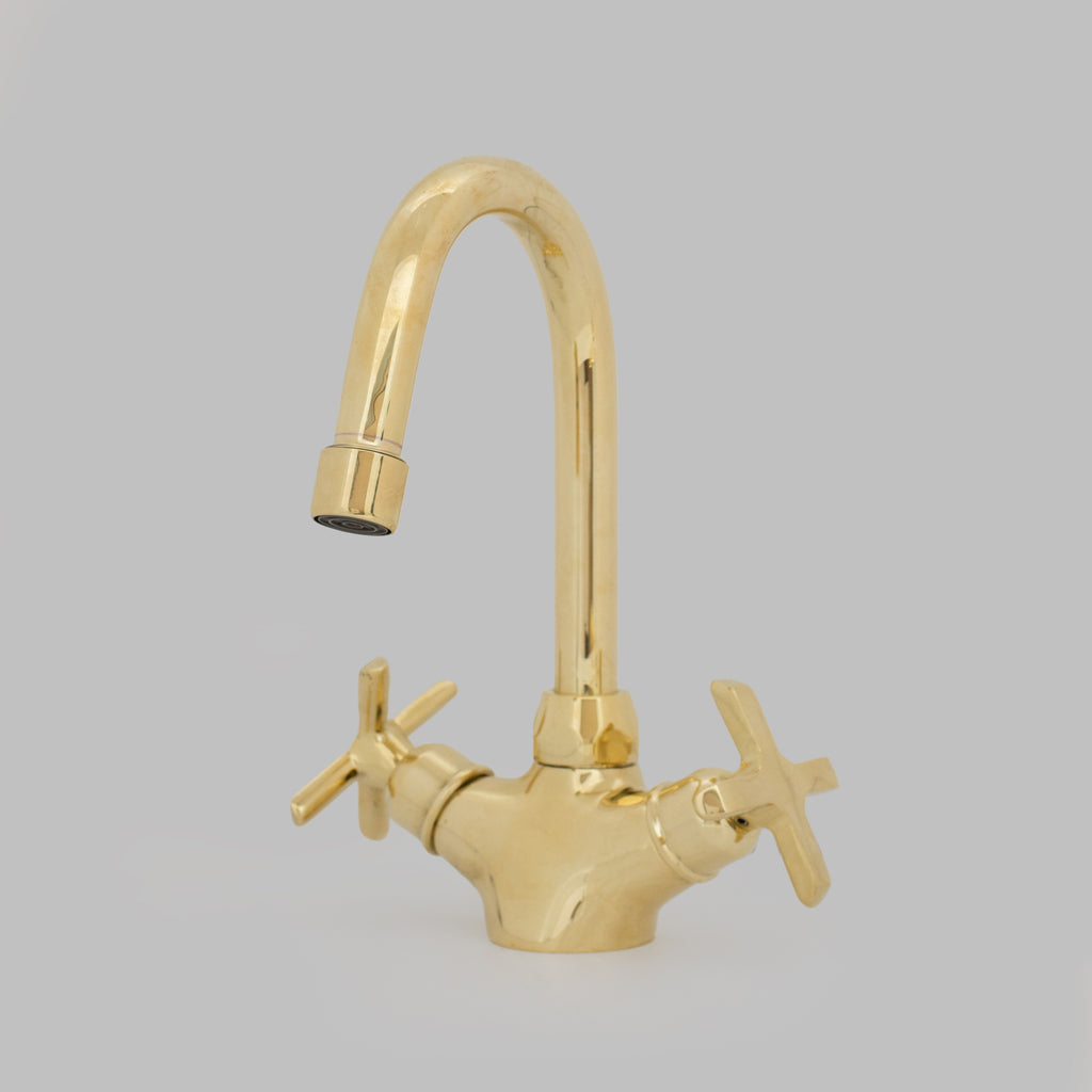 Unlacquered Brass Bathroom Bidet Faucet, Single Hole Bidet Tap, Deck-Mounted Bidet Mixer Tap, Cross Handle Bidet