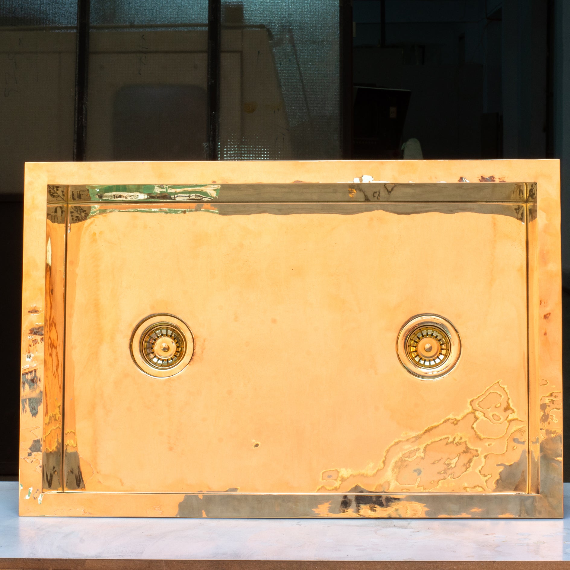 Smooth Unlacquered Brass Farmhouse Kitchen Sink | Double Drain