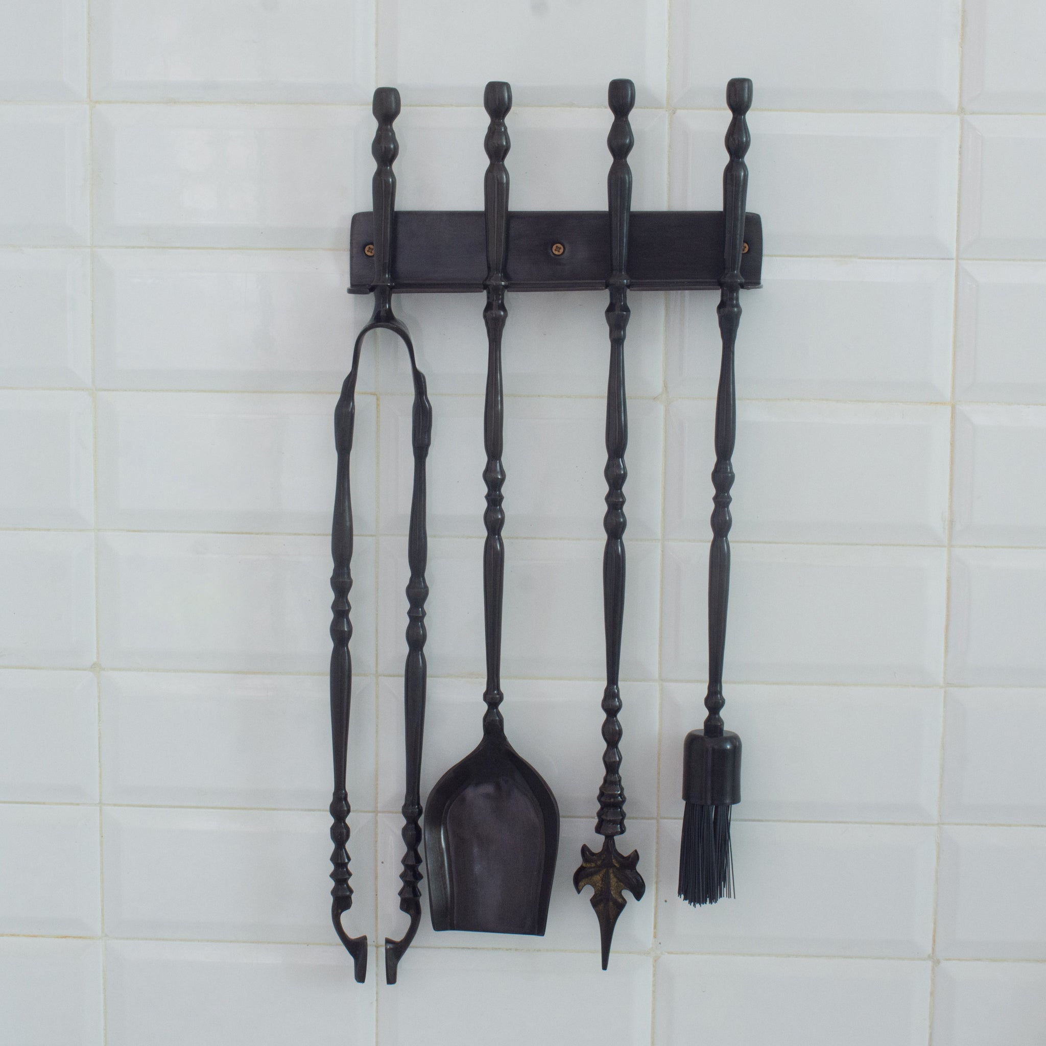 Solid Brass Black Wall-Mounted Fireplace Tool Set | Heavy Fire Tool Rack