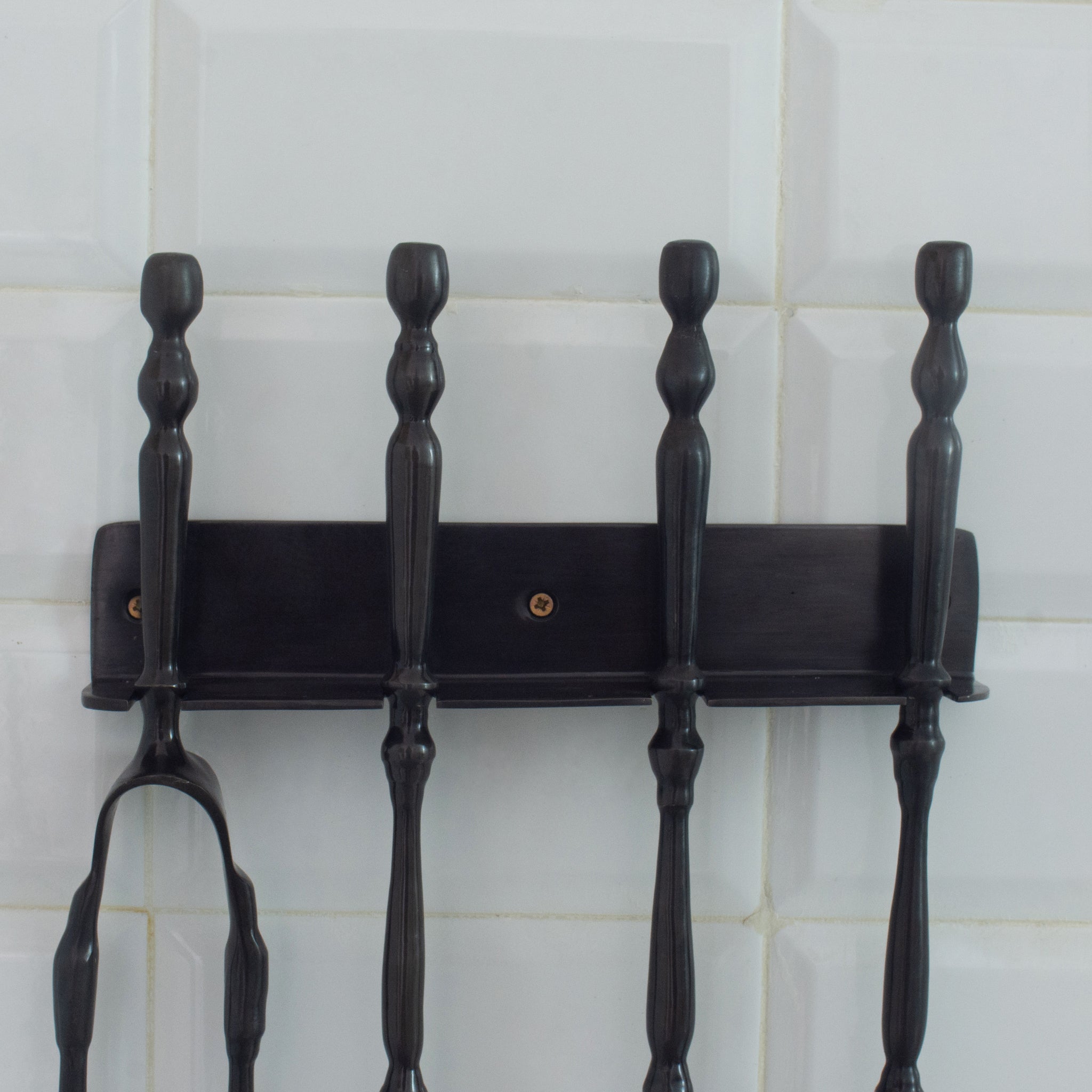 Solid Brass Black Wall-Mounted Fireplace Tool Set | Heavy Fire Tool Rack