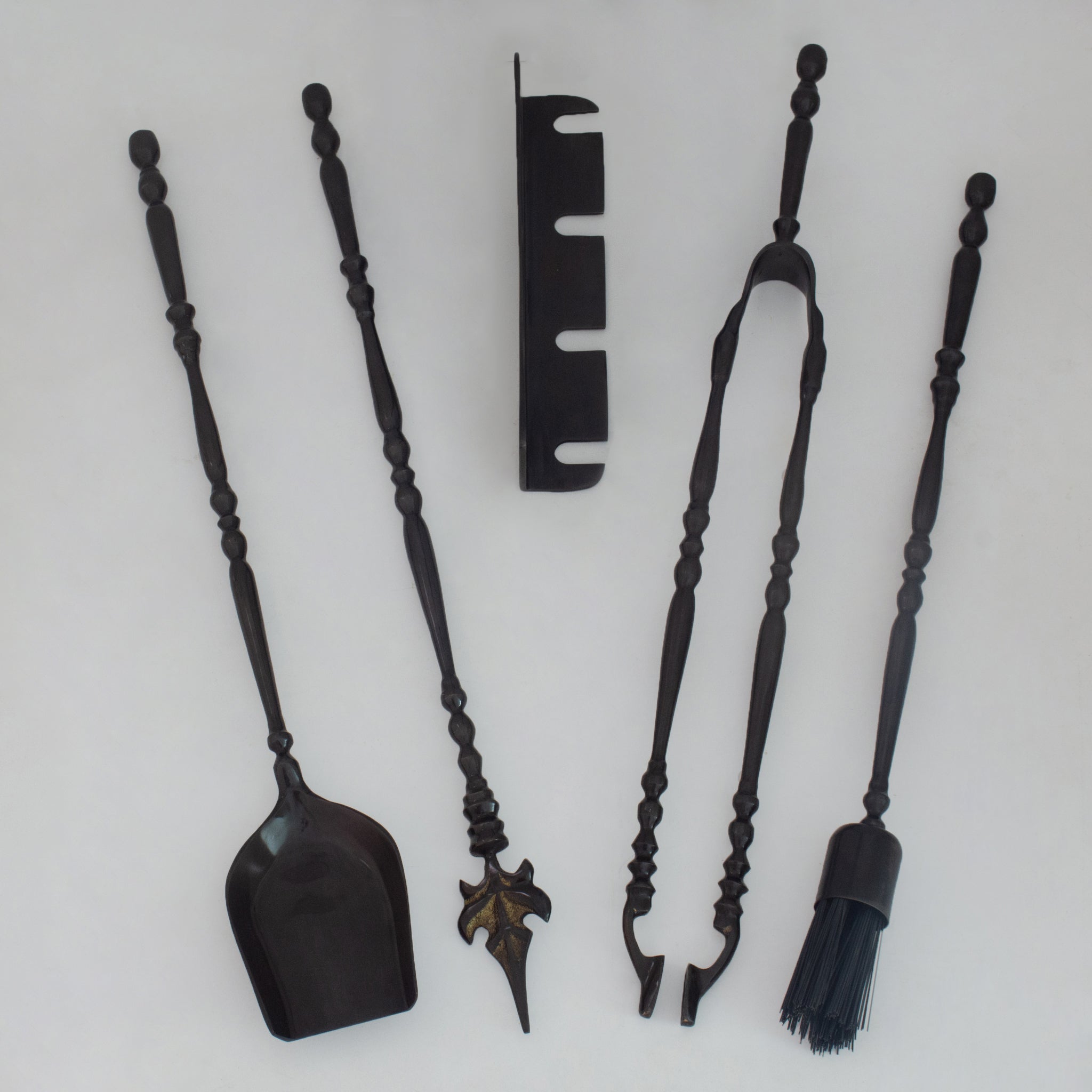 Solid Brass Black Wall-Mounted Fireplace Tool Set | Heavy Fire Tool Rack
