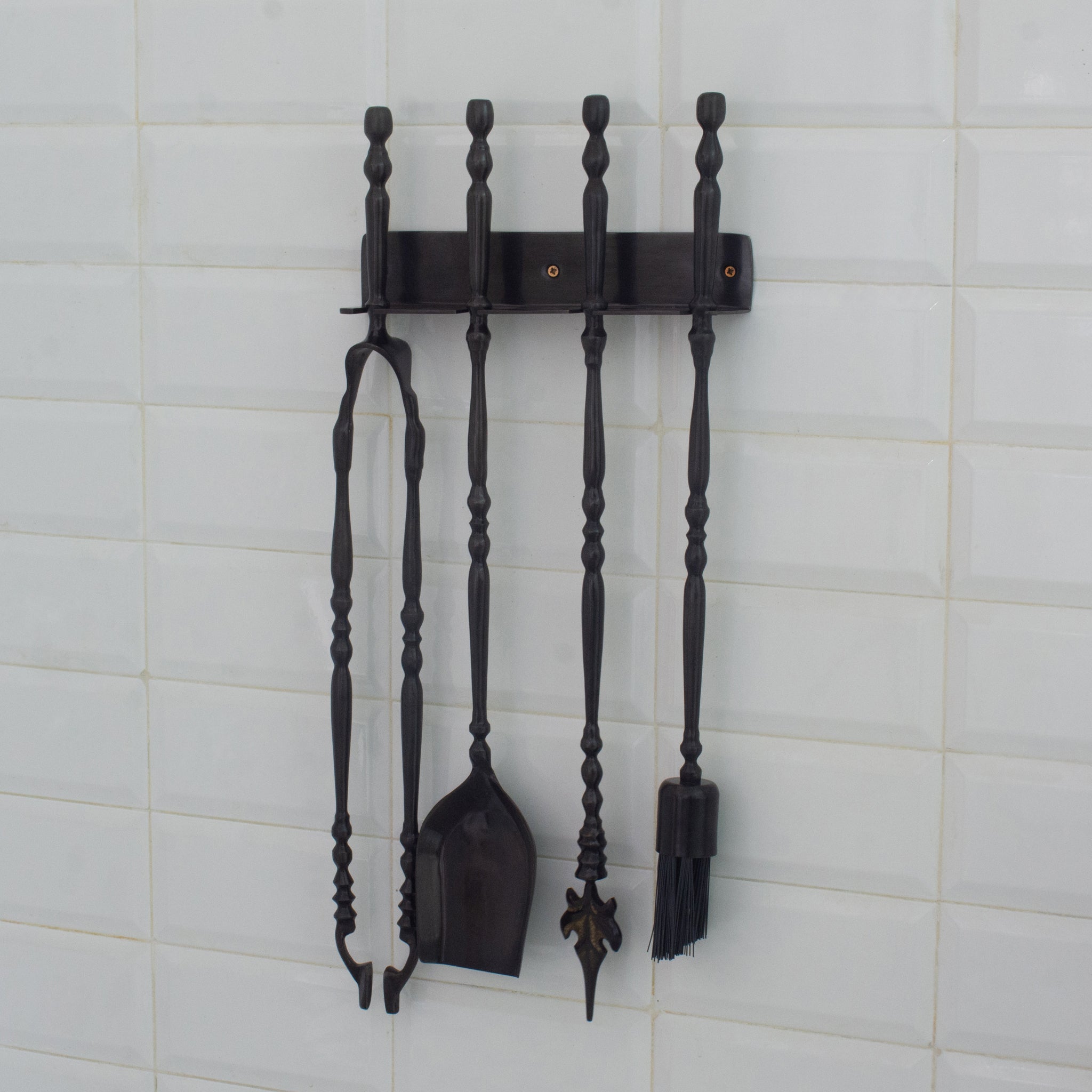 Solid Brass Black Wall-Mounted Fireplace Tool Set | Heavy Fire Tool Rack