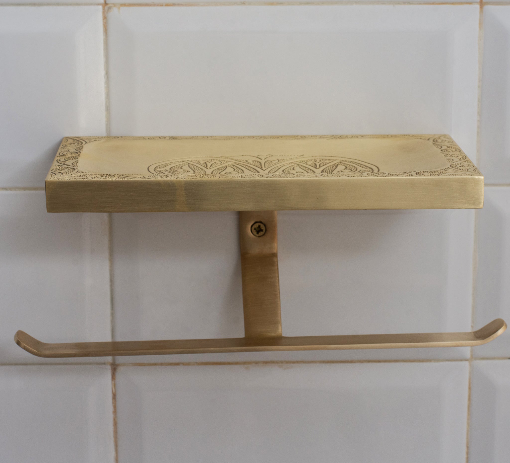 Solid Brass Shelf with TP Holder – Engraved Floating Shelf with Double Hooks – Bathroom Double Toilet Paper Holder