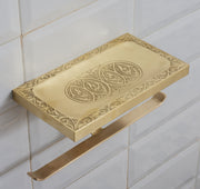 Solid Brass Shelf with TP Holder – Engraved Floating Shelf with Double Hooks – Bathroom Double Toilet Paper Holder