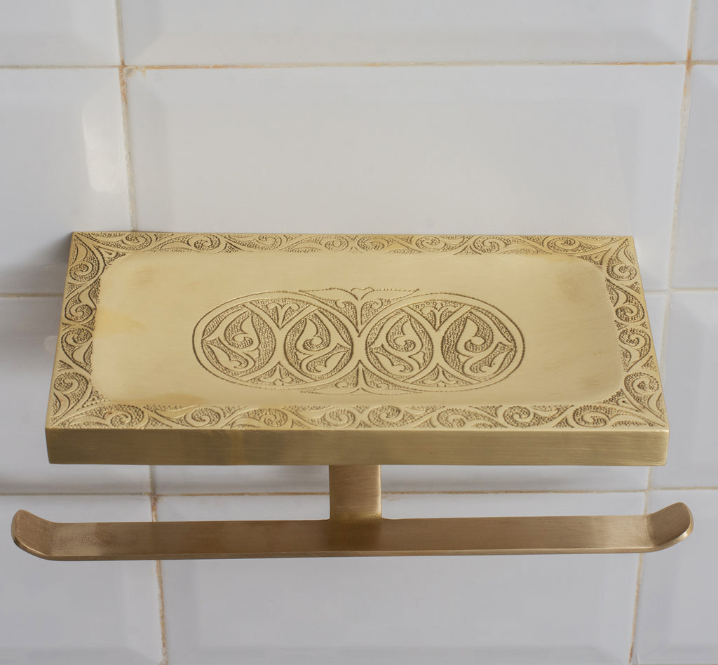 Solid Brass Shelf with TP Holder – Engraved Floating Shelf with Double Hooks – Bathroom Double Toilet Paper Holder