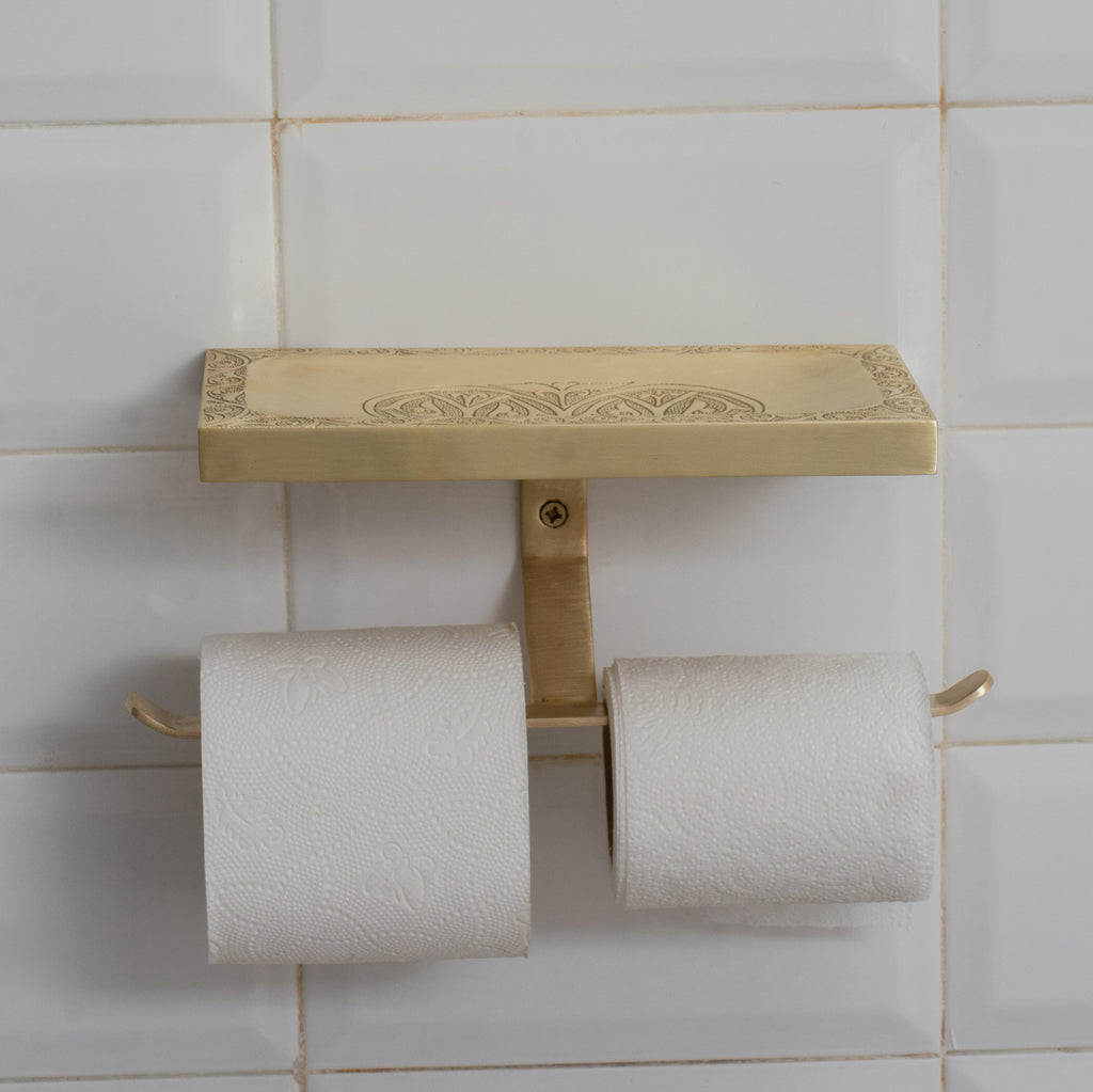 Solid Brass Shelf with TP Holder – Engraved Floating Shelf with Double Hooks – Bathroom Double Toilet Paper Holder