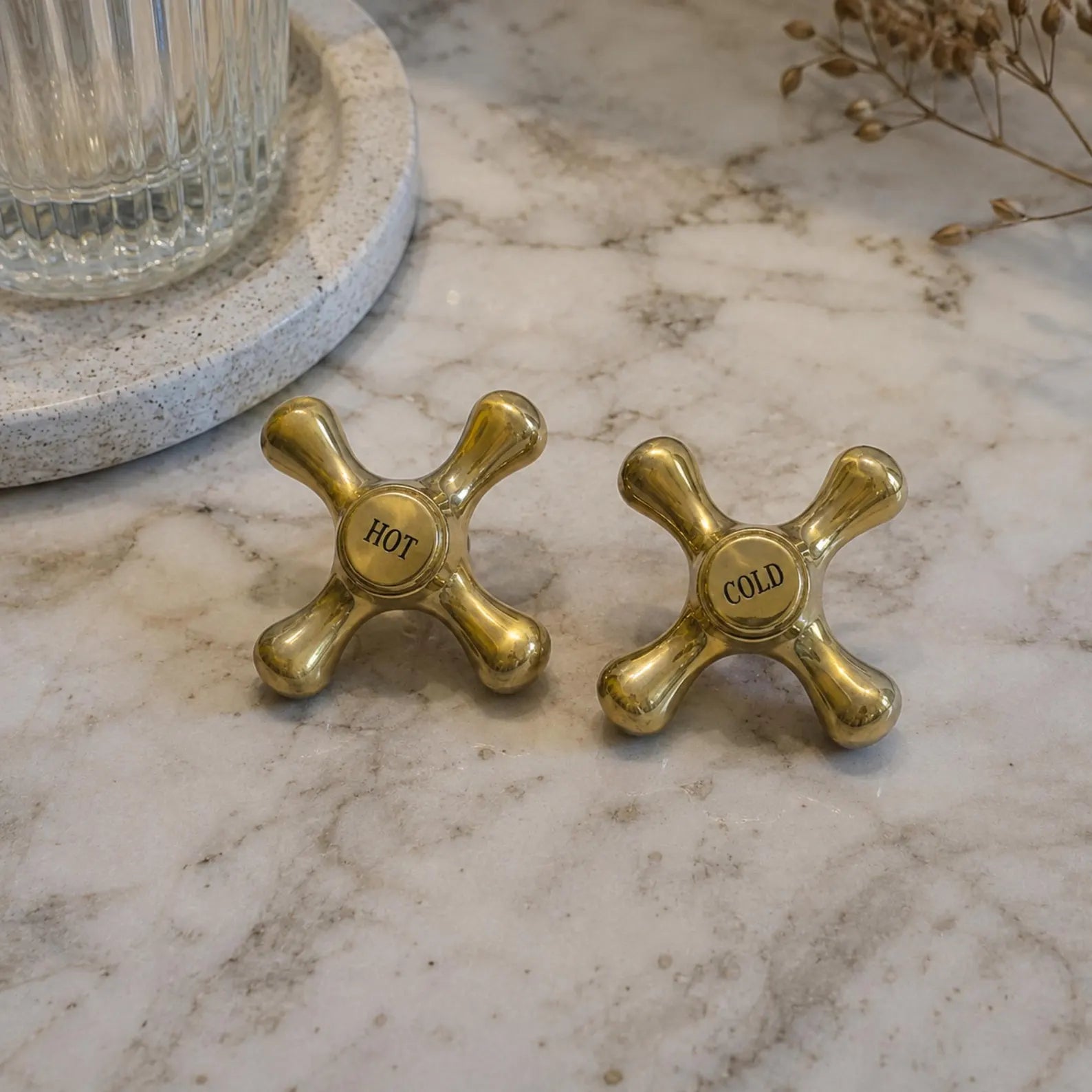 Solid Brass Cross Faucet Handles, Vintage Hot Cold Replacement Pair