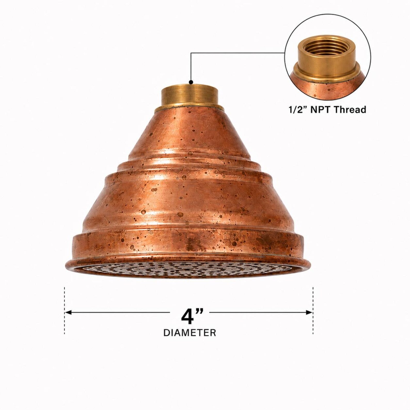Handmade Solid Copper Shower Head, 4" Rain Shower Rose, Rustic Farmhouse Fixture