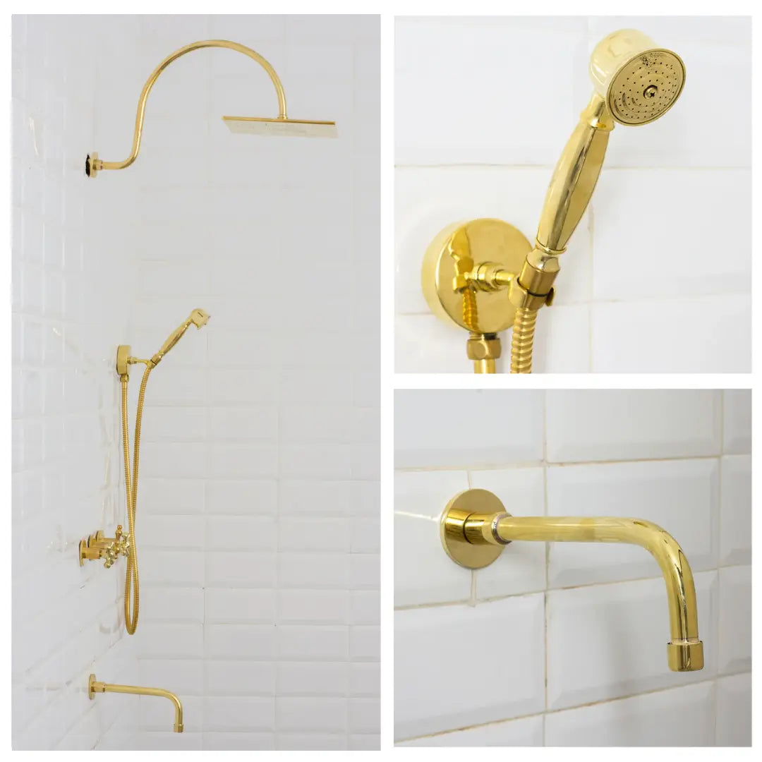 Unlacquered Brass Built-in Shower Gooseneck Arm, 3-Outlet Concealed Hand Shower And Tub Faucet, Rainfall Shower System