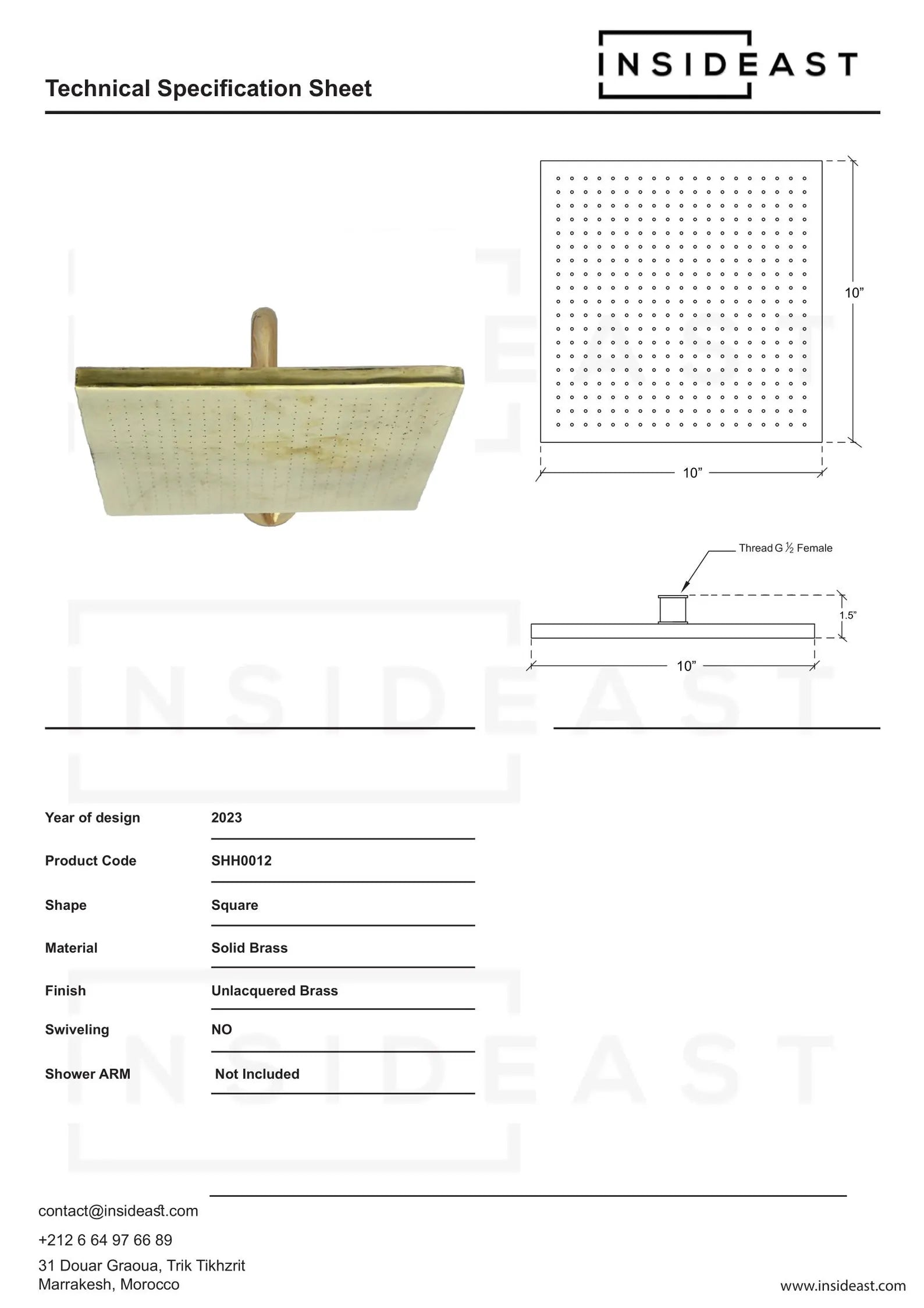 Unlacquered Brass Shower Head, Square Rain Showerhead, Outdoor Indoor Shower