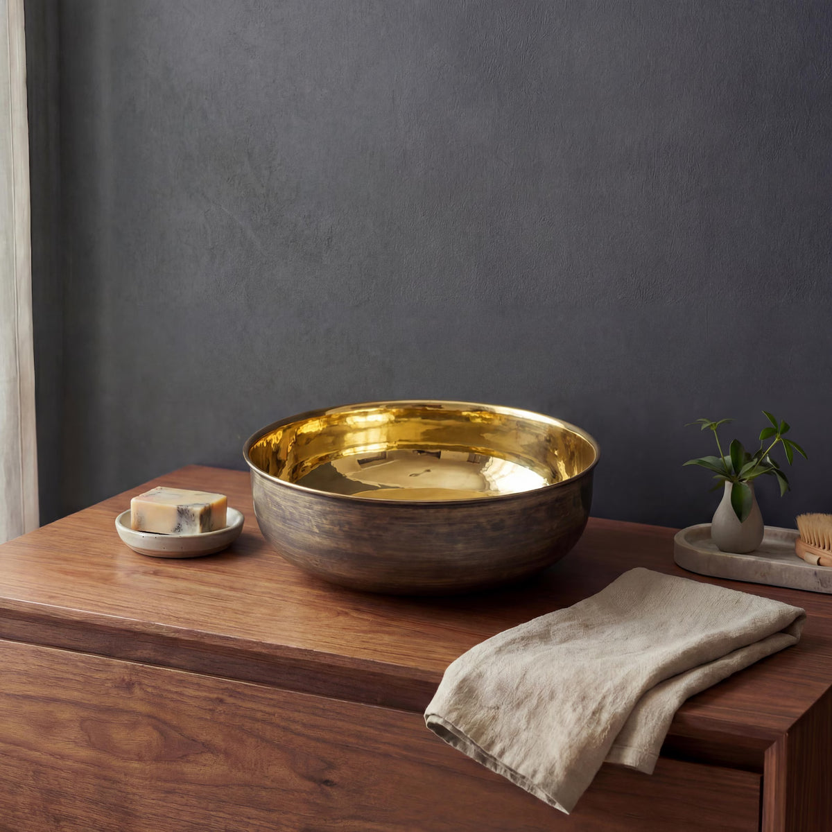 Unlacquered Brass Round Vessel Sink, Top Mount Bathroom Bronze Basin