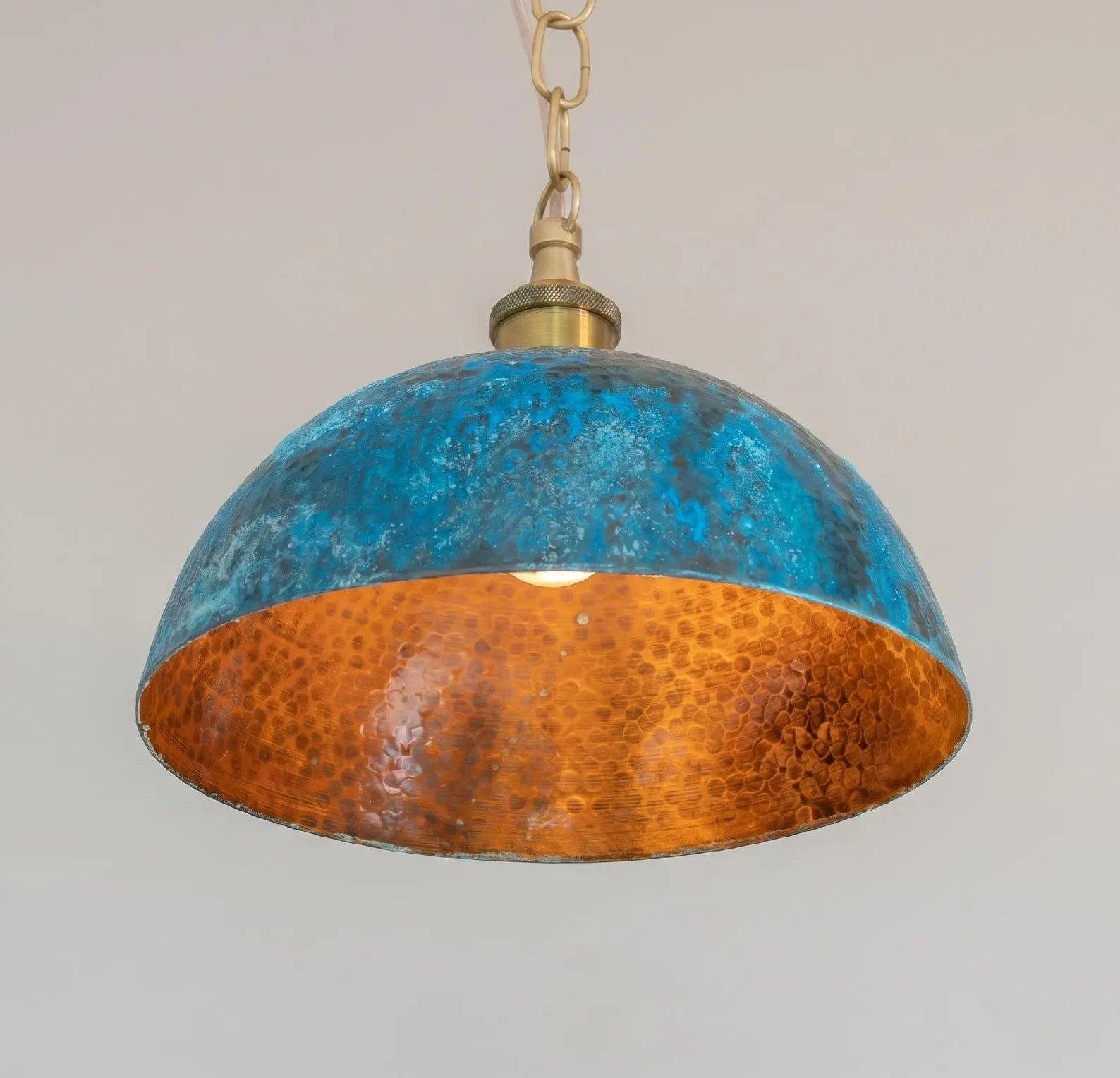Turquoise Patina Copper Pendant Light, Hammered Dome Industrial Kitchen Island Lighting