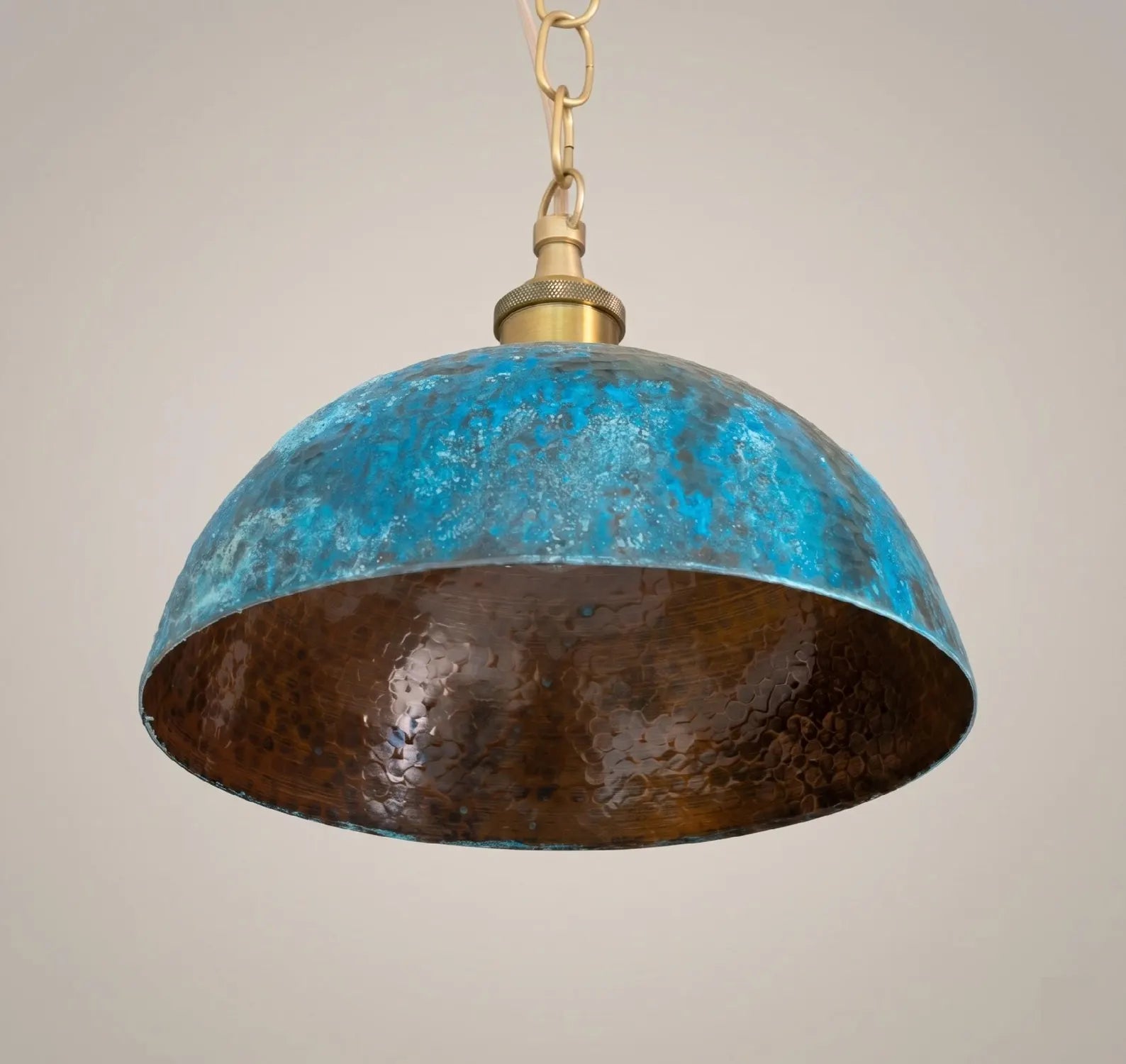 Turquoise Patina Copper Pendant Light, Hammered Dome Industrial Kitchen Island Lighting