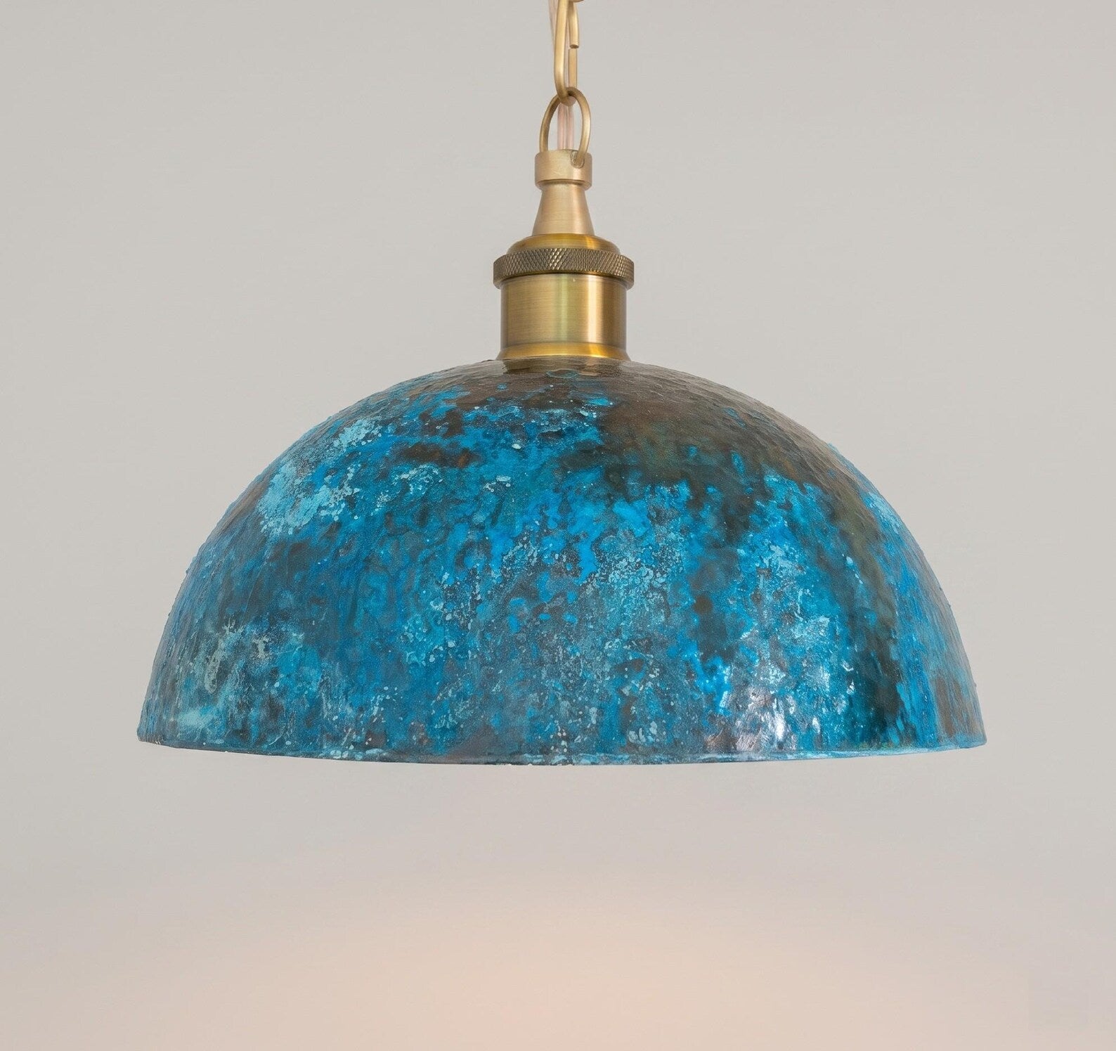 Turquoise Patina Copper Pendant Light, Hammered Dome Industrial Kitchen Island Lighting