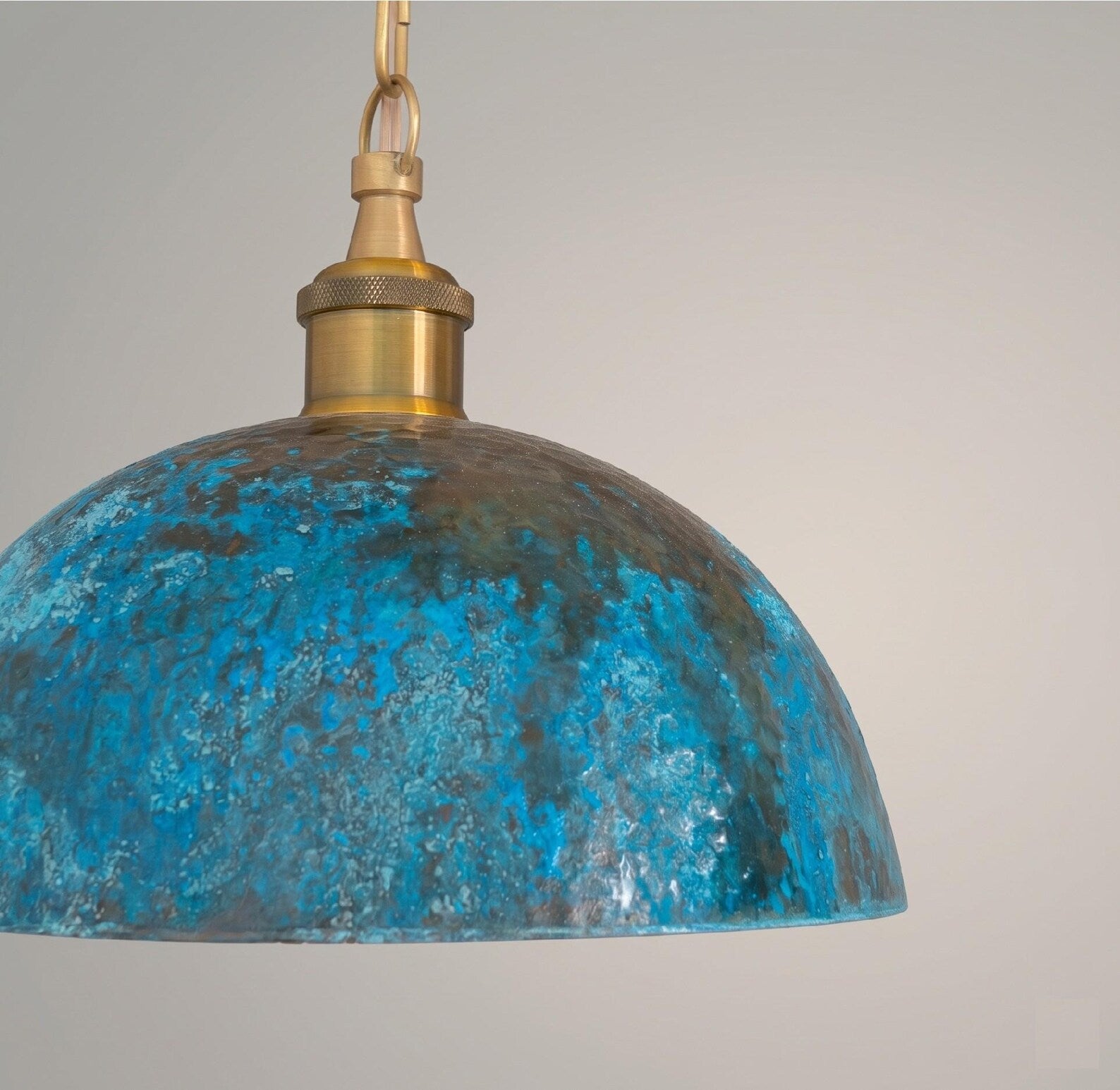 Turquoise Patina Copper Pendant Light, Hammered Dome Industrial Kitchen Island Lighting
