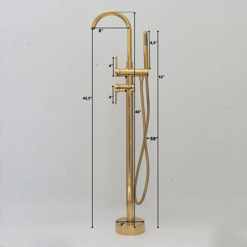 Unlacquered Solid Brass Tub Filler and Handheld Standing Two Outlets Bathtub Faucet