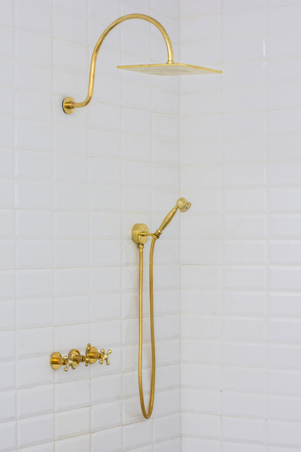 Unlacquered Brass Concealed Shower – Gooseneck Rainfall Arm with Handheld, 2-Outlet Shower System