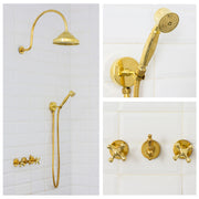 Unlacquered Brass Concealed Shower – Gooseneck Rainfall Arm with Handheld, 2-Outlet Shower System