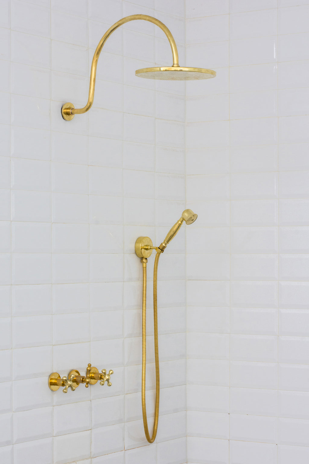 Unlacquered Brass Concealed Shower – Gooseneck Rainfall Arm with Handheld, 2-Outlet Shower System