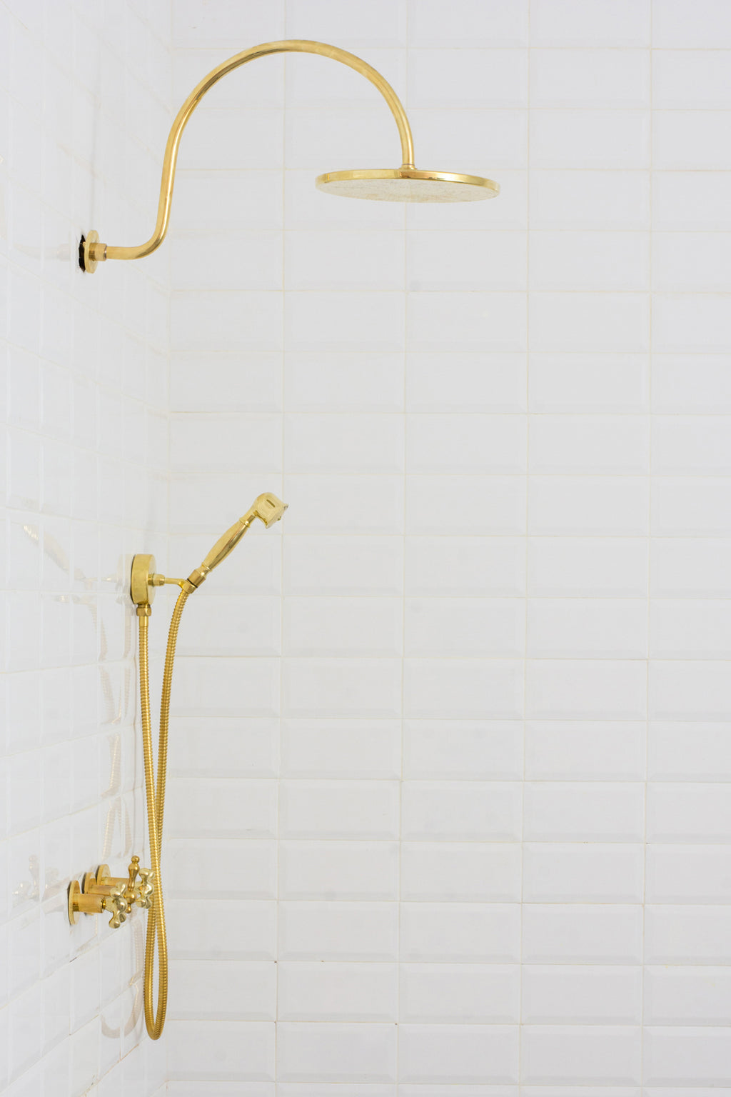 Unlacquered Brass Concealed Shower – Gooseneck Rainfall Arm with Handheld, 2-Outlet Shower System