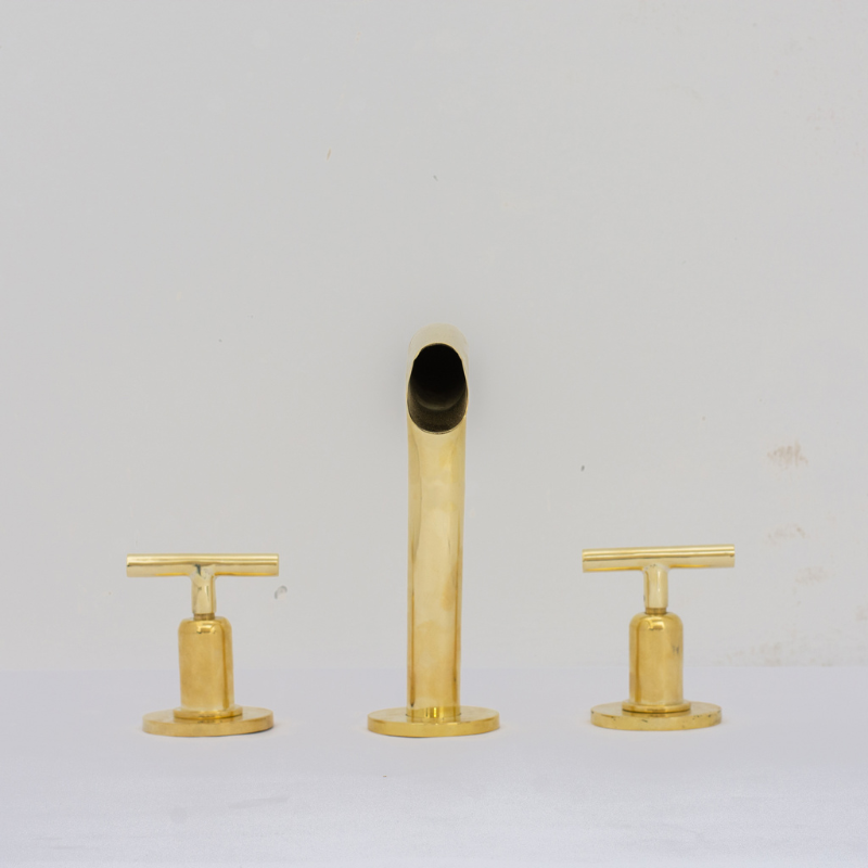 Unlacquered Brass 3-Hole Widespread Faucet, Deck Mount Bathroom Waterfall Faucet