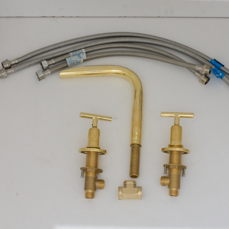 Unlacquered Brass 3-Hole Widespread Faucet, Deck Mount Bathroom Waterfall Faucet