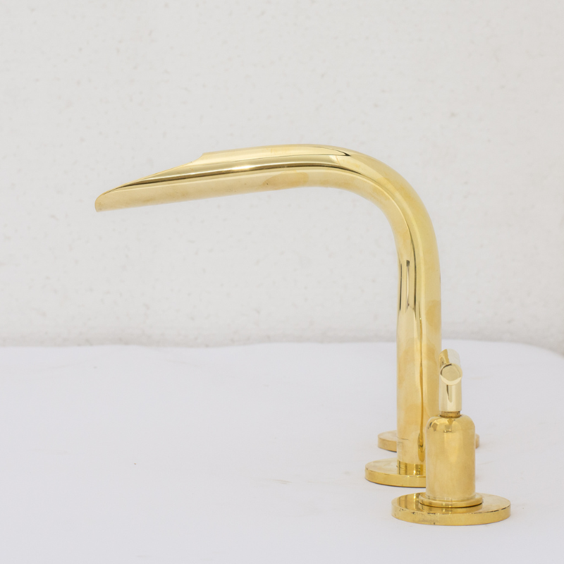Unlacquered Brass 3-Hole Widespread Faucet, Deck Mount Bathroom Waterfall Faucet