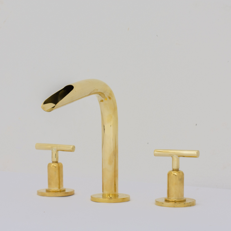 Unlacquered Brass 3-Hole Widespread Faucet, Deck Mount Bathroom Waterfall Faucet