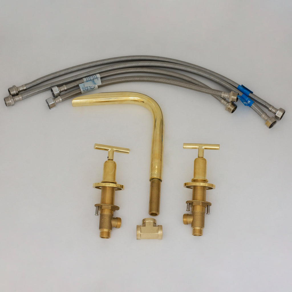 Unlacquered Brass 3-Hole Widespread Faucet, Deck Mount Bathroom Waterfall Faucet