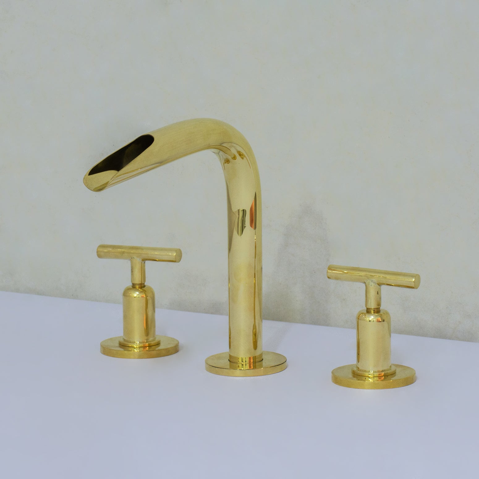 Unlacquered Brass 3-Hole Widespread Faucet, Deck Mount Bathroom Waterfall Faucet