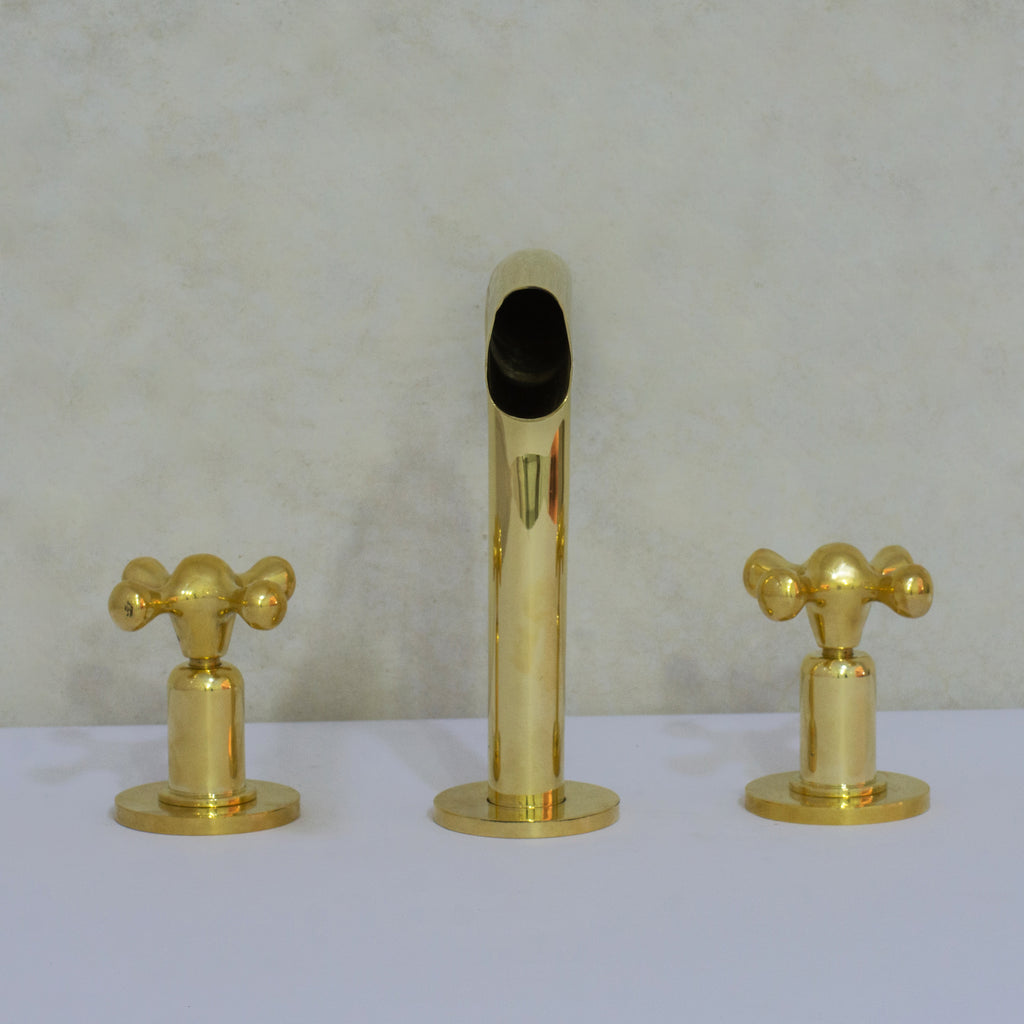 Unlacquered Brass 3-Hole Widespread Faucet, Deck Mount Bathroom Waterfall Faucet
