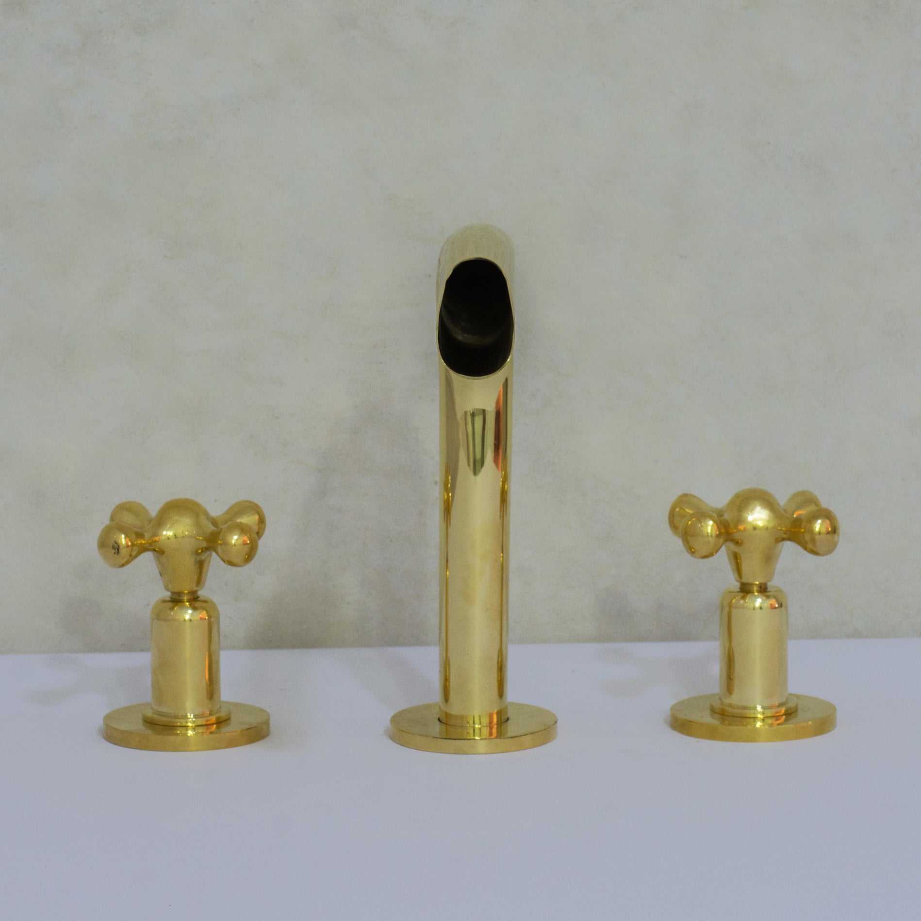 Unlacquered Brass 3-Hole Widespread Faucet, Deck Mount Bathroom Waterfall Faucet