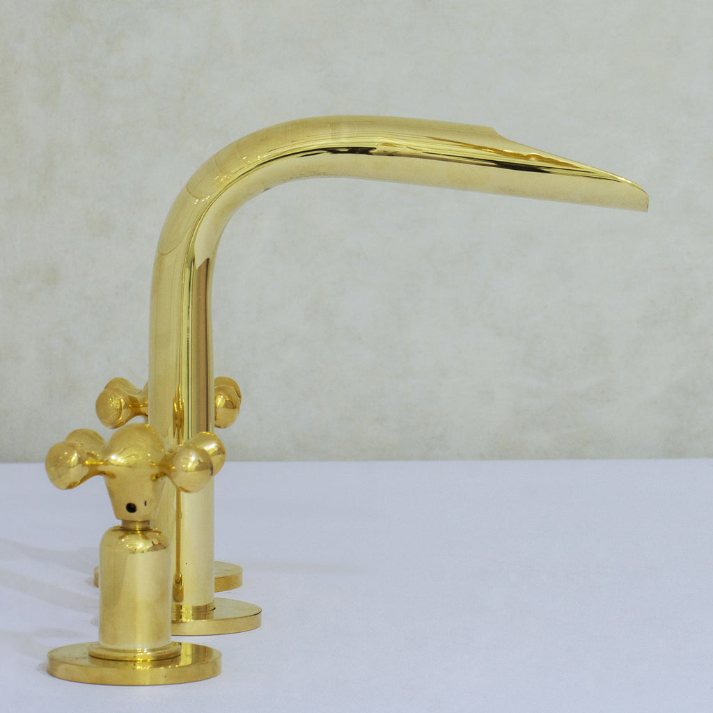Unlacquered Brass 3-Hole Widespread Faucet, Deck Mount Bathroom Waterfall Faucet