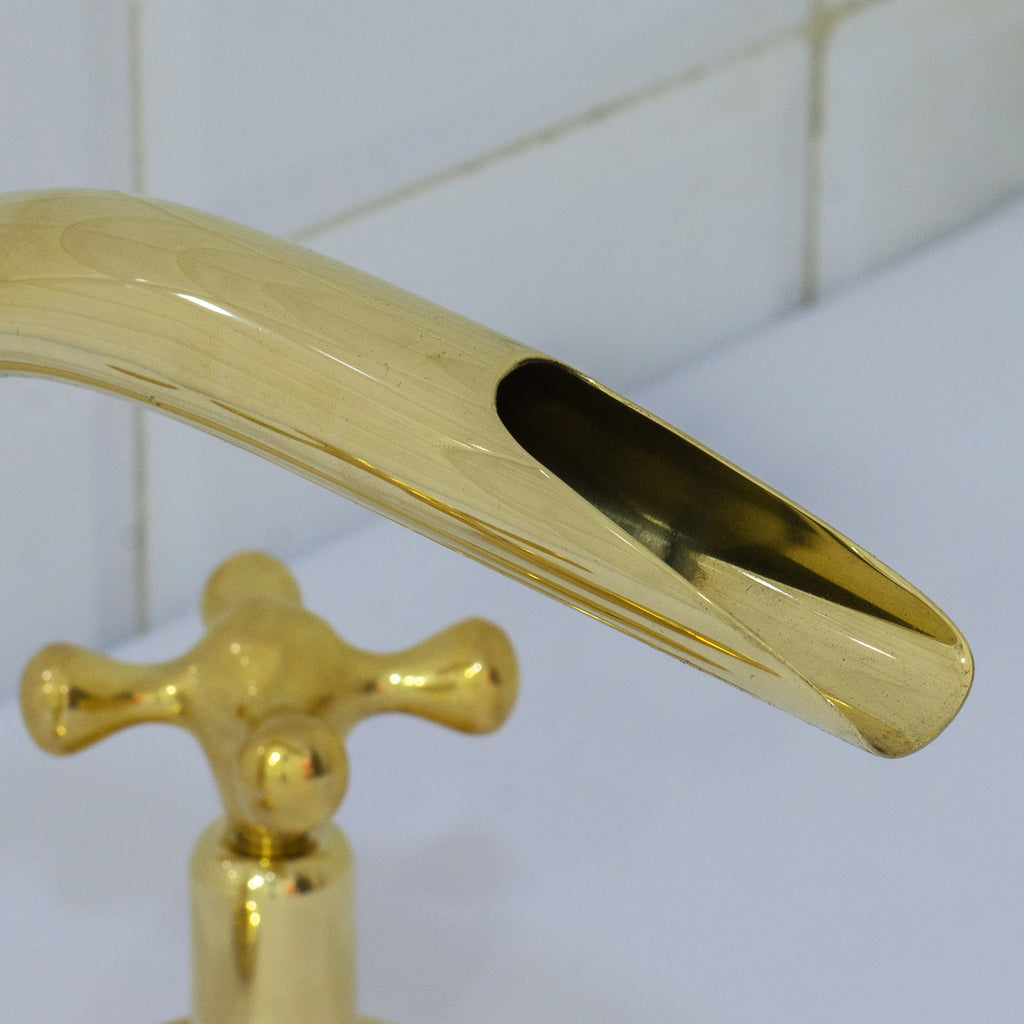 Unlacquered Brass 3-Hole Widespread Faucet, Deck Mount Bathroom Waterfall Faucet