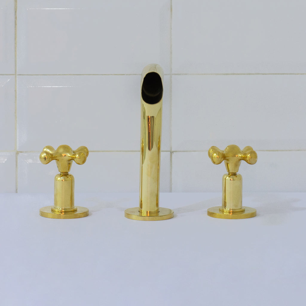 Unlacquered Brass 3-Hole Widespread Faucet, Deck Mount Bathroom Waterfall Faucet