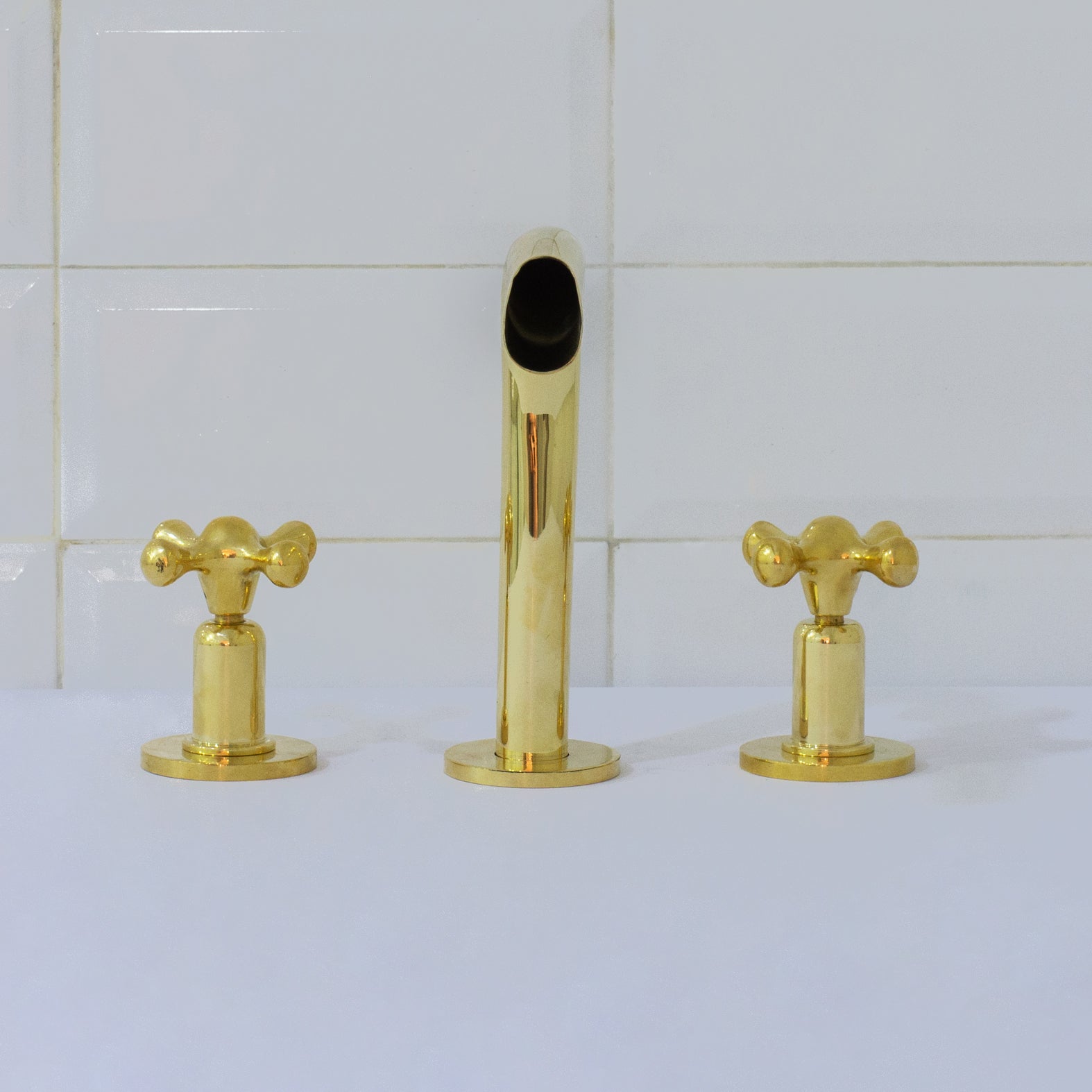 Unlacquered Brass 3-Hole Widespread Faucet, Deck Mount Bathroom Waterfall Faucet