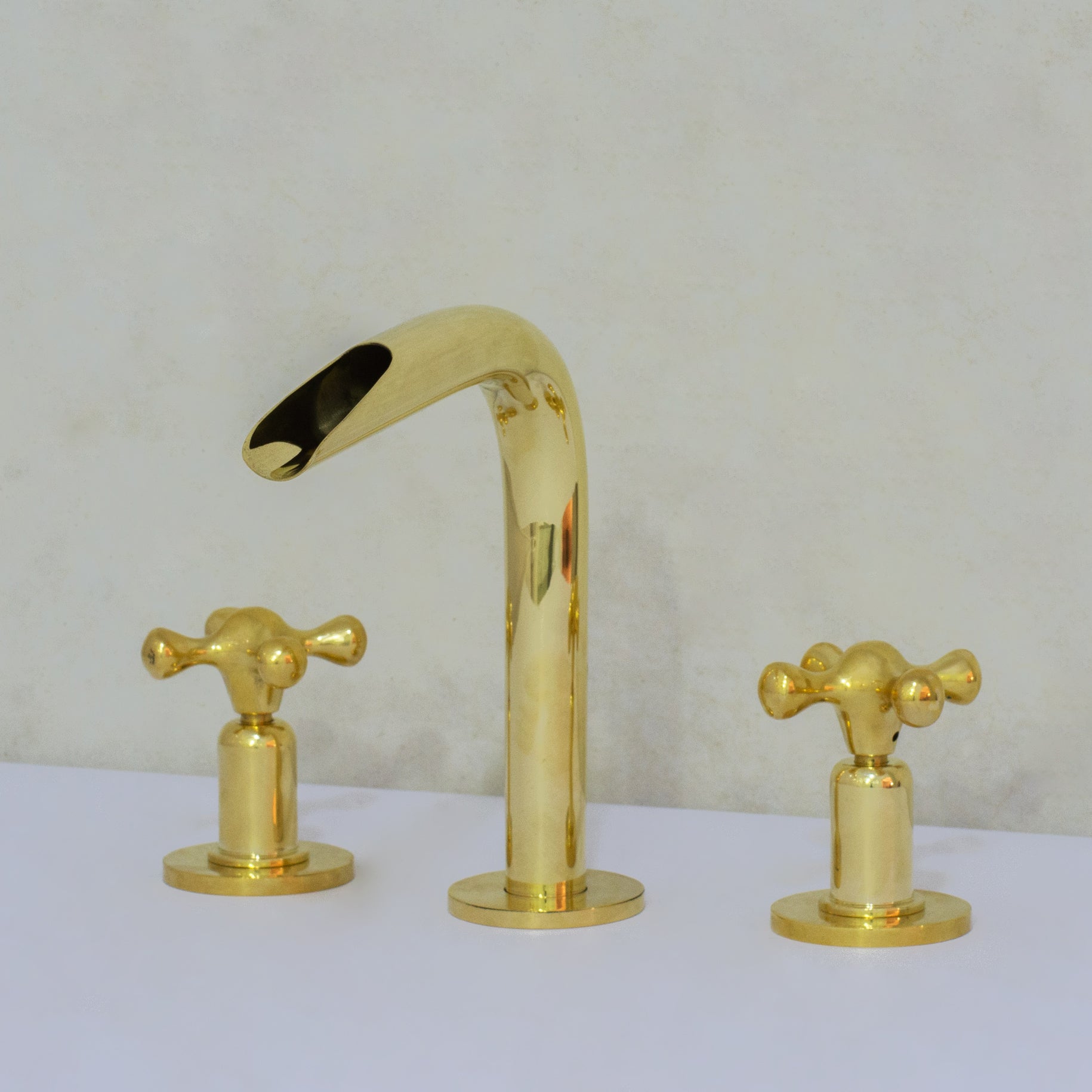 Unlacquered Brass 3-Hole Widespread Faucet, Deck Mount Bathroom Waterfall Faucet