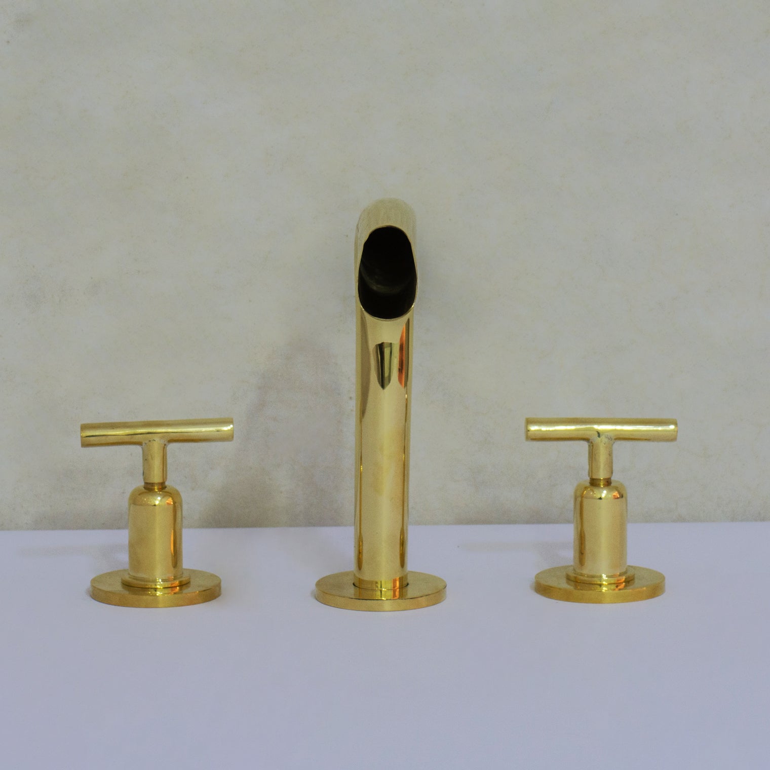 Unlacquered Brass 3-Hole Widespread Faucet, Deck Mount Bathroom Waterfall Faucet