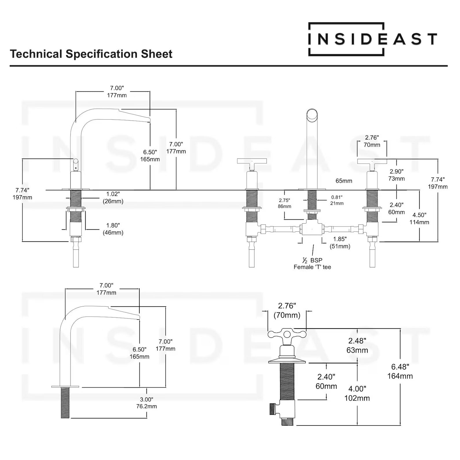 Unlacquered Brass 3-Hole Widespread Faucet, Deck Mount Bathroom Waterfall Faucet