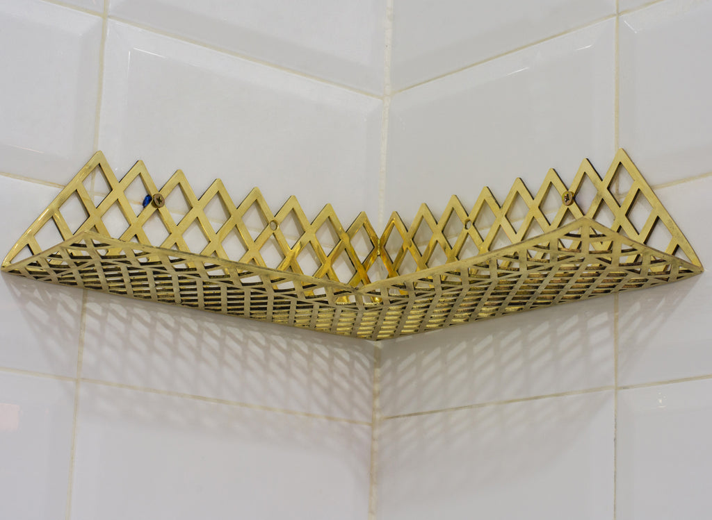 Unlacquered Brass Corner Shower Shelf Grid | Brass Floating Shower Caddy