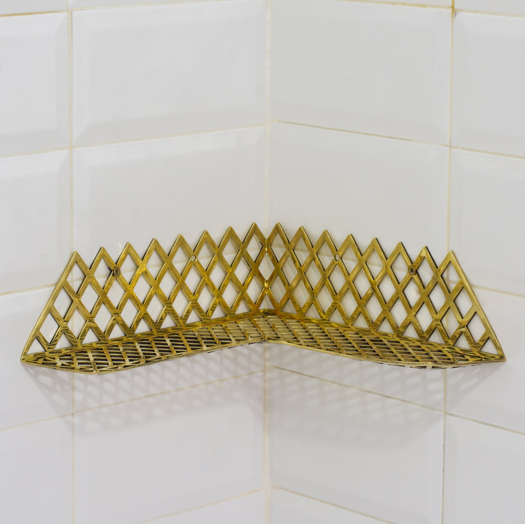 Unlacquered Brass Corner Shower Shelf Grid | Brass Floating Shower Caddy