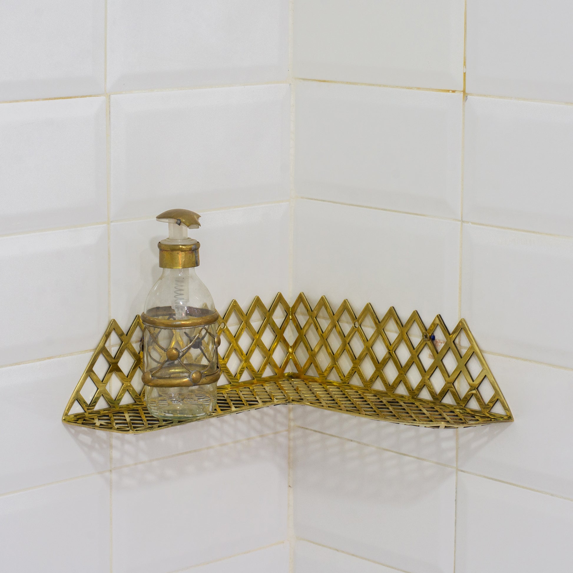 Unlacquered Brass Corner Shower Shelf Grid | Brass Floating Shower Caddy