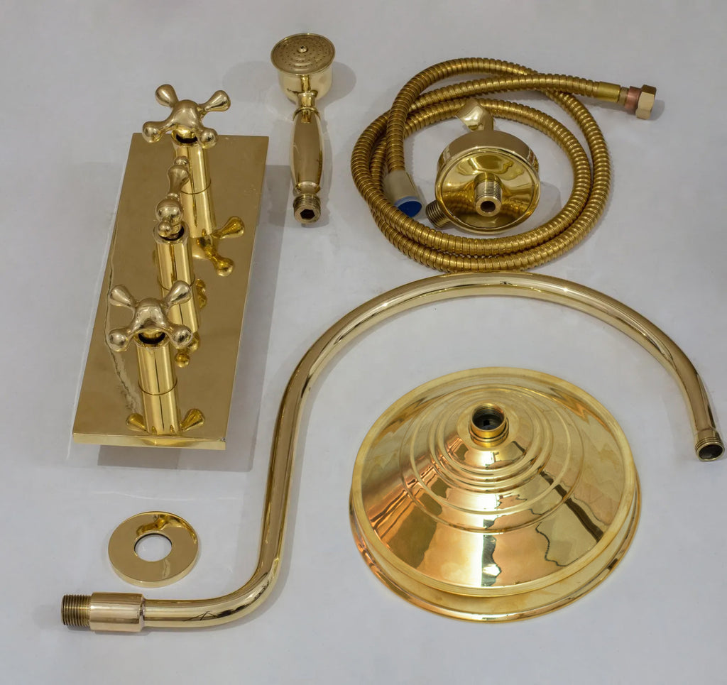 Unlacquered Brass Shower System – Built-In Showerhead with Handheld – Concealed Wall Shower Set
