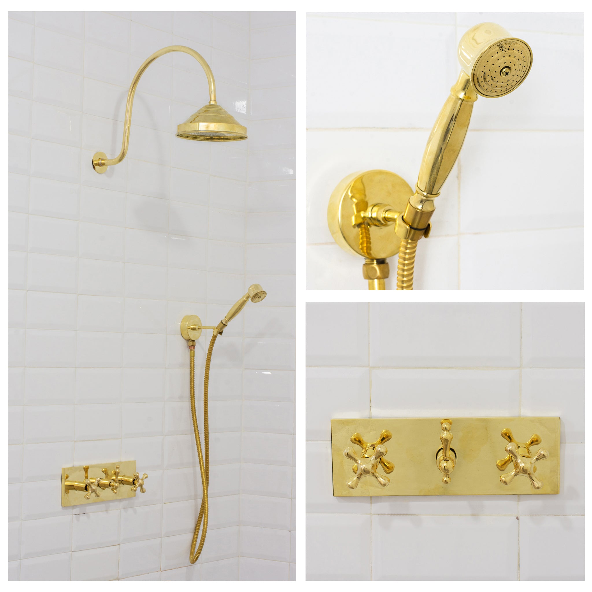 Unlacquered Brass Shower System – Built-In Showerhead with Handheld – Concealed Wall Shower Set