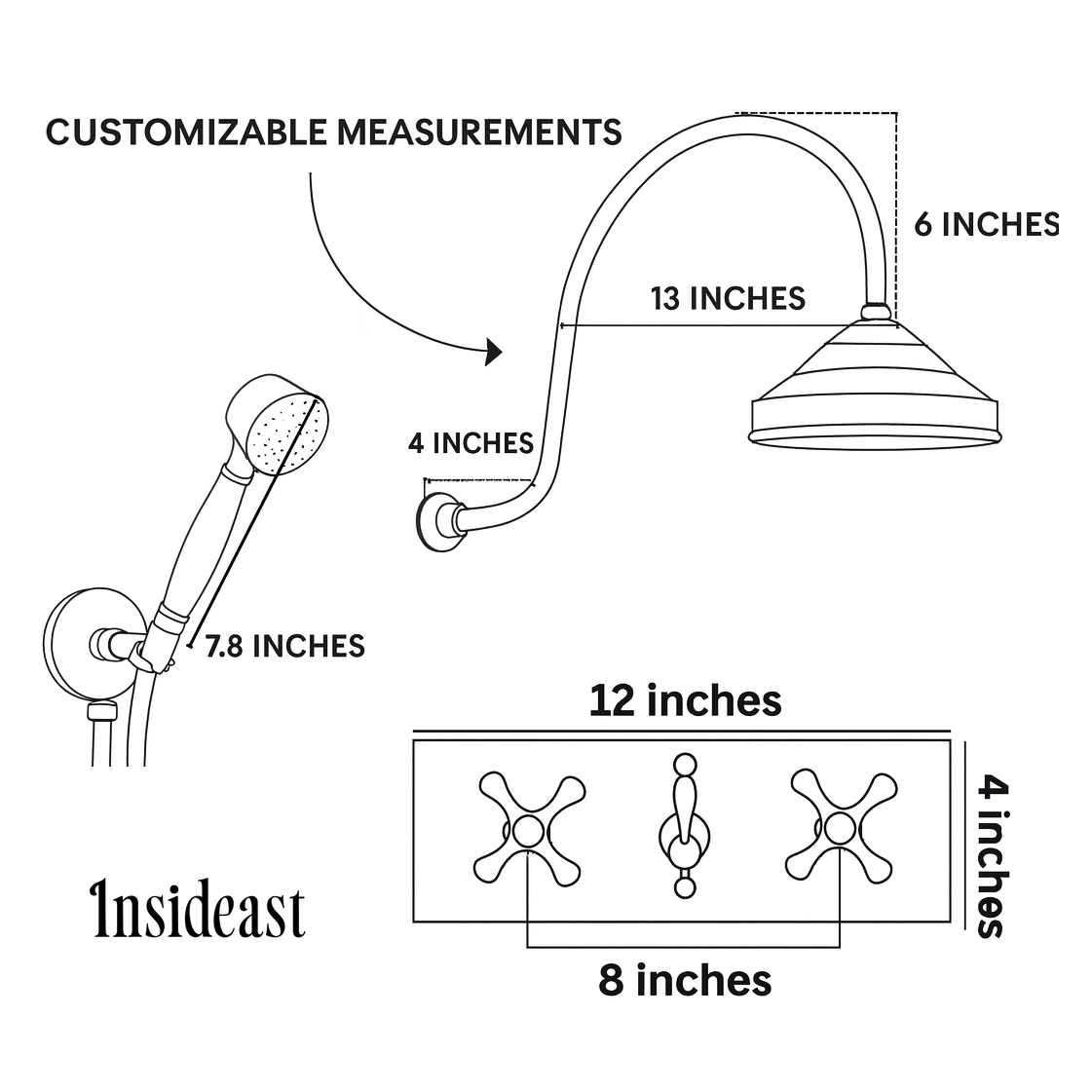 Unlacquered Brass Shower System – Built-In Showerhead with Handheld – Concealed Wall Shower Set